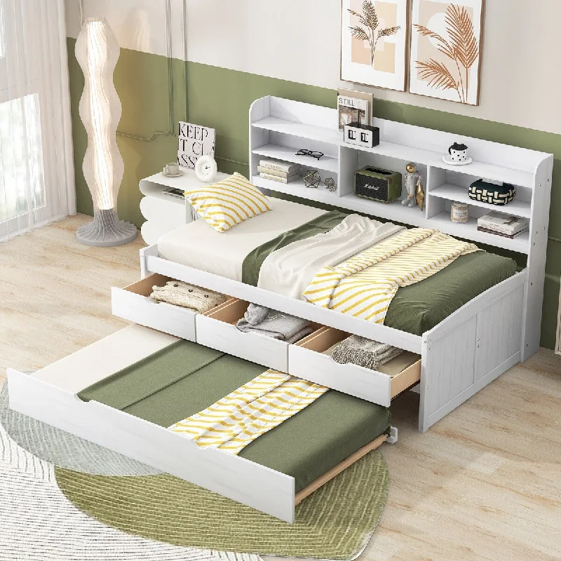 White Twin Size Wooden Captain Bed with Built-in Bookshelves, Three Storage Drawers and Trundle