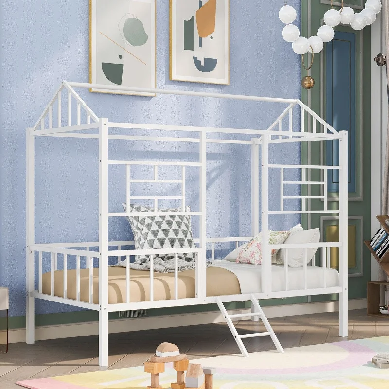 White Twin SizeMetal House Bed Frame with Guardrails