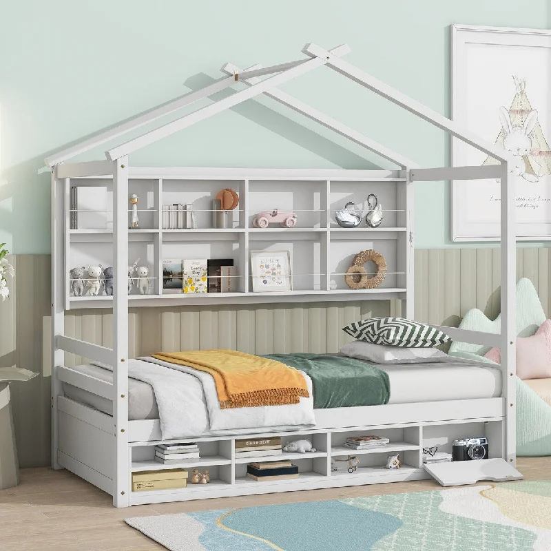 White Twin SizeWood House Bed with Unique Roof Design