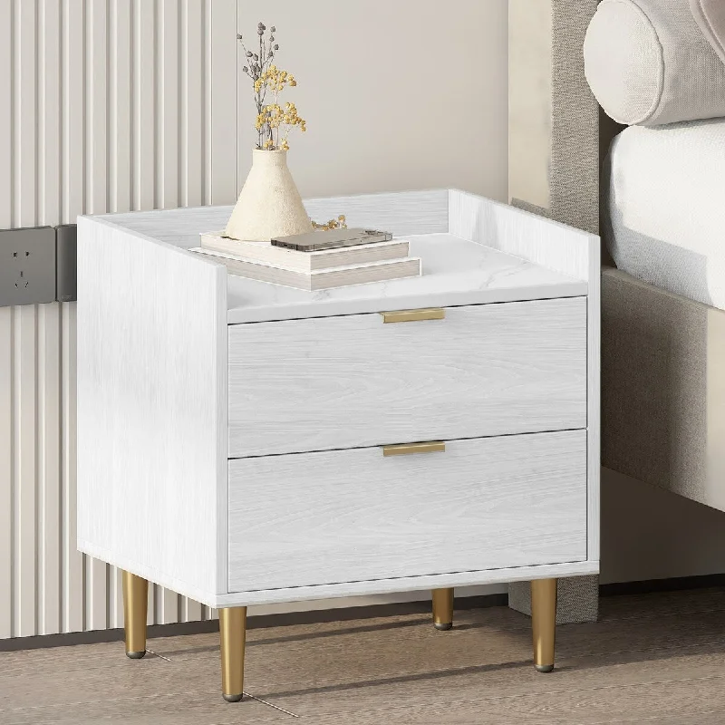 White Wood MDF Nightstand with 2 Drawers and Marbling Worktop, Wood Bedside Table with Metal Legs & Handles