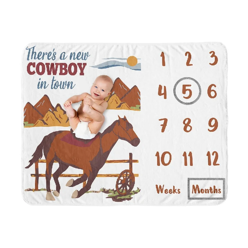 Wild West Cowboy Collection Boy Baby Monthly Milestone Blanket - Red Blue and Tan Western Southern Country Horse Mountains