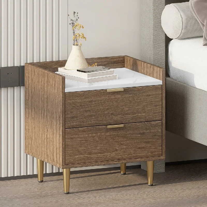 Wooden Nightstand with Two Drawers and Marbled Worktop, Modern Walnut Wooden Bedside Table with Metal Legs and Handles