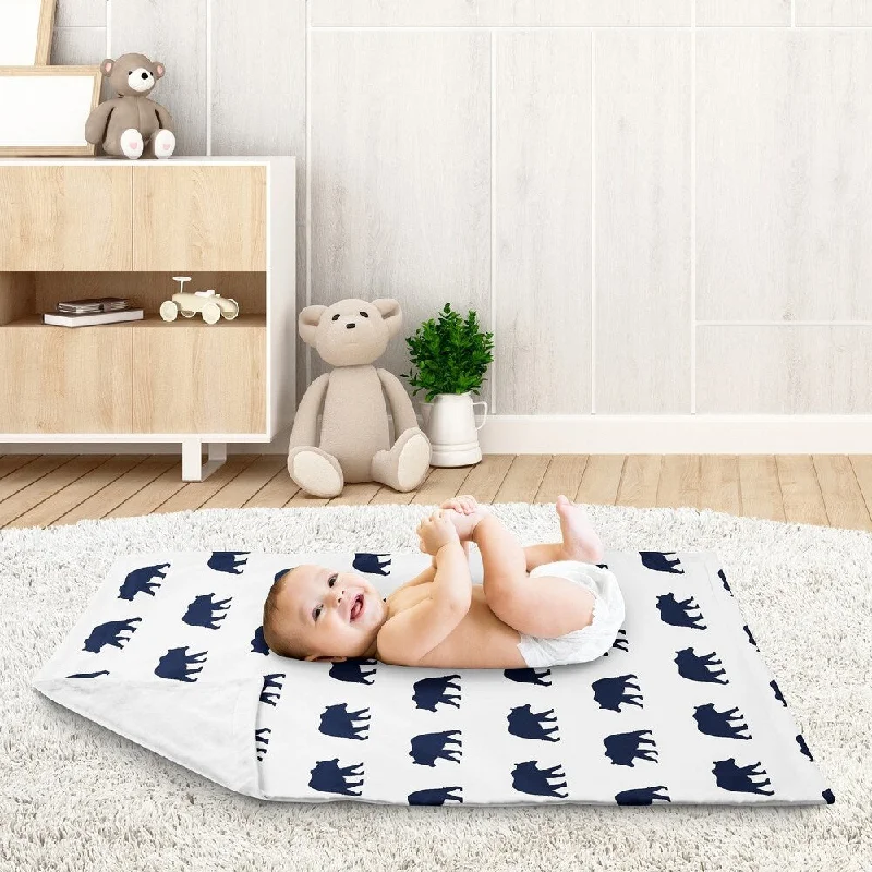 Woodland Bear Collection Boy Baby Receiving Security Swaddle Blanket - Navy Blue and White