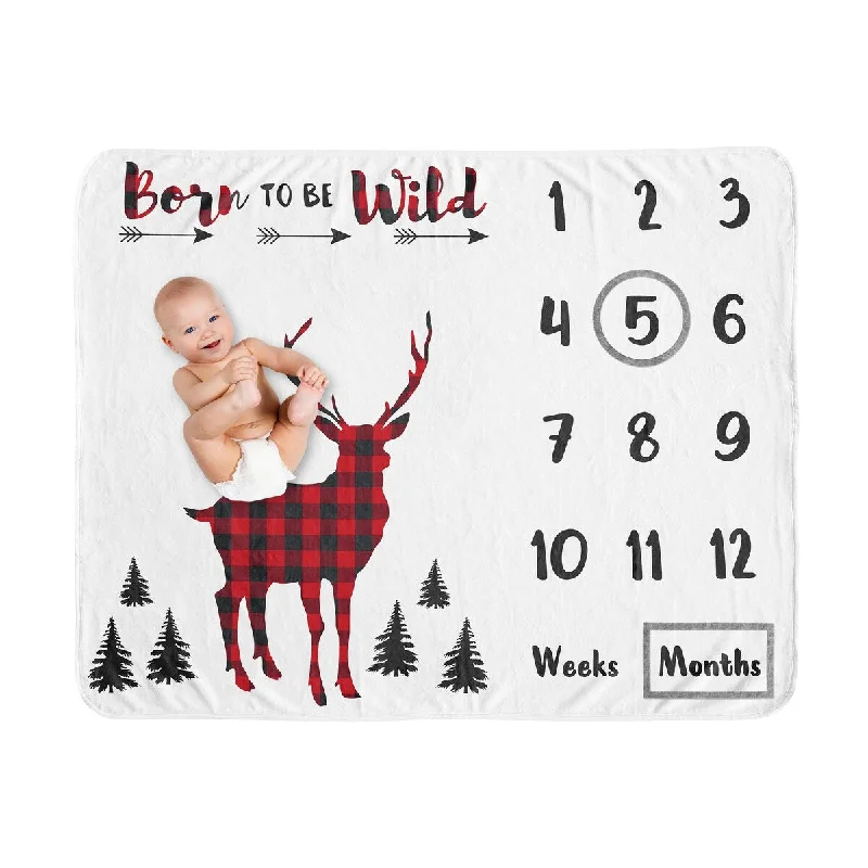 Woodland Buffalo Plaid Boy Baby Monthly Milestone Blanket - Red and Black Rustic Country Deer Lumberjack Arrow Forest Wild