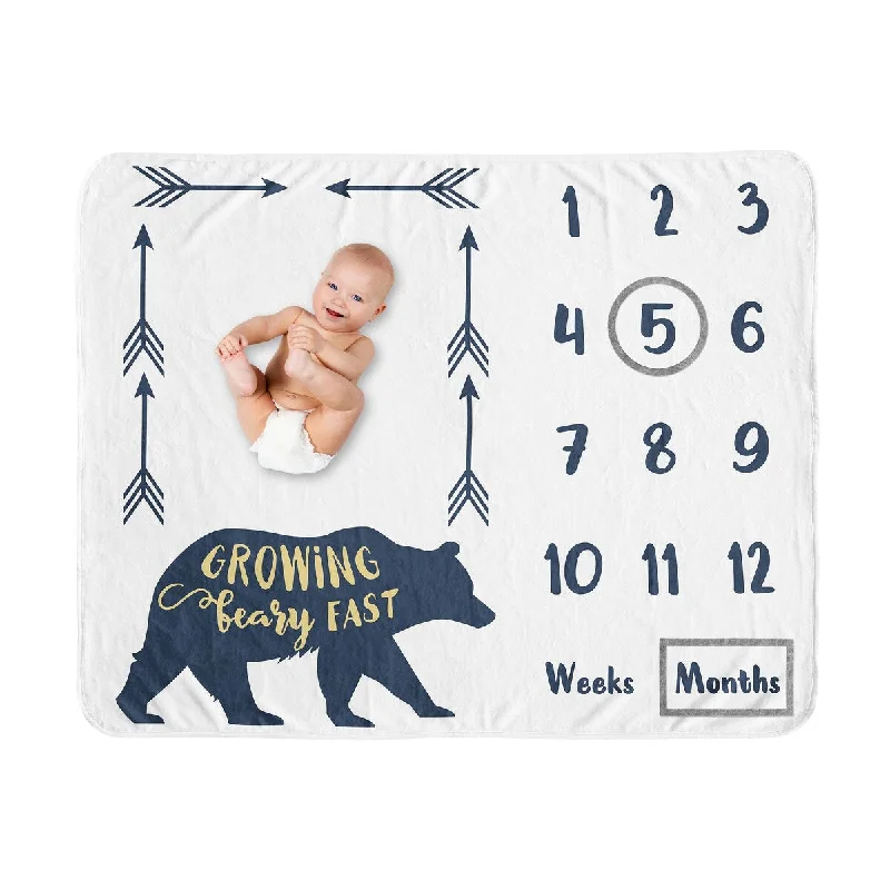 Woodland Forest Bear Boy Baby Monthly Milestone Blanket - Navy Blue and Gold Arrow Big Bear Collection Growing Beary Fast