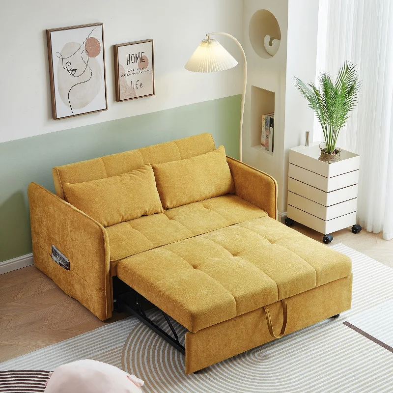 Yellow 53.5" Chenille Sleeper Loveseat Sofa with Pull-Out Bed and Adjustable Backrest