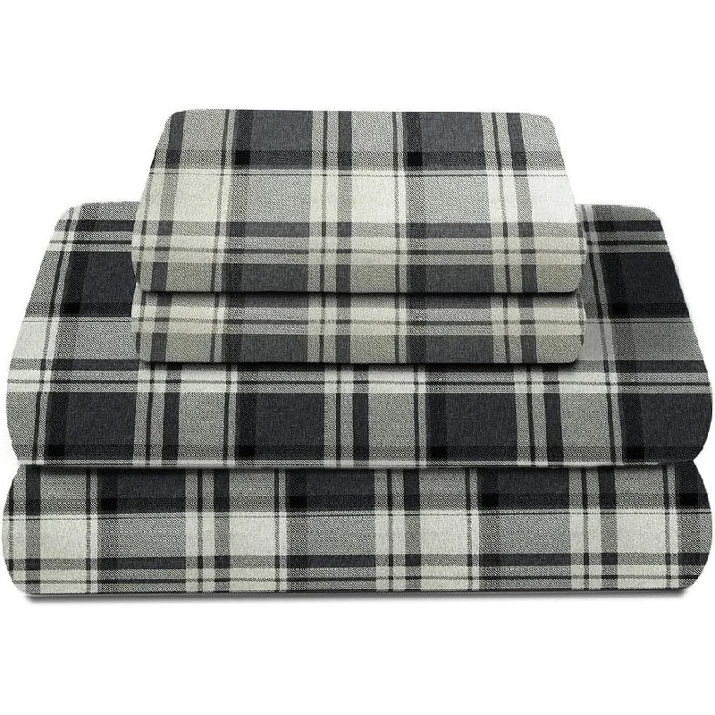 100 Percent Cotton Double Brushed Flannel Sheet Set - 170 GSM Heavyweight, Deep Pockets - Hutton Plaid Grey Color