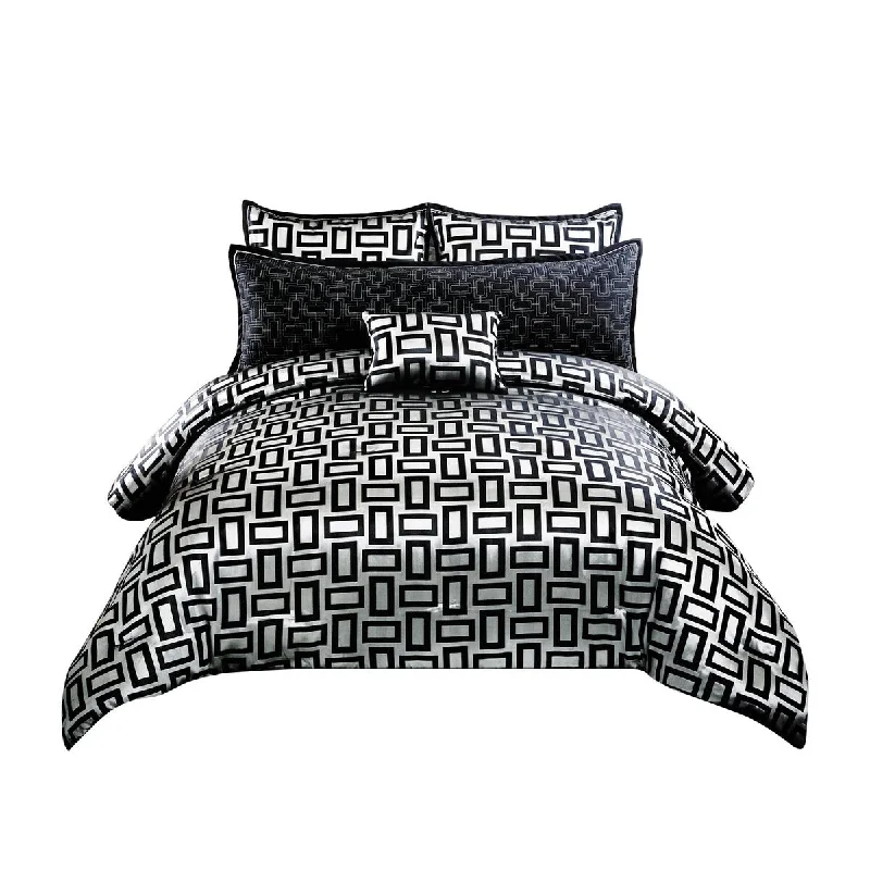 6 Piece Polyester King Comforter Set with Geometric Print, Grey and Black