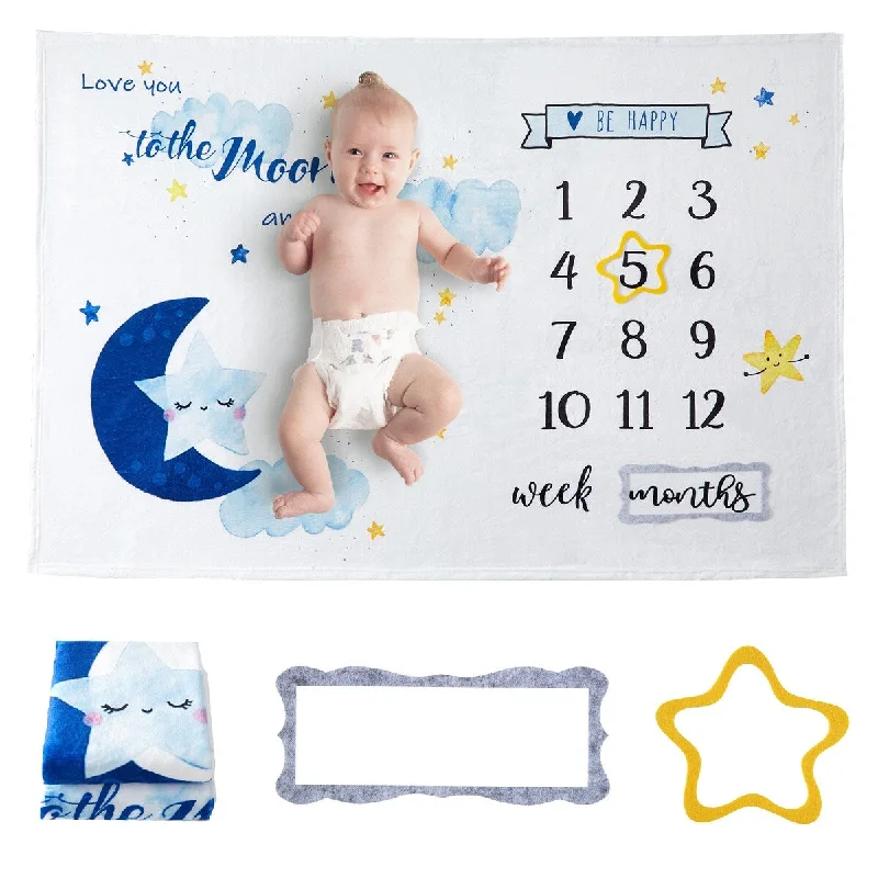 Boy or Girl Baby Monthly Milestone Blanket, Blue and Yellow Moon Star Pattern - 40"x60"