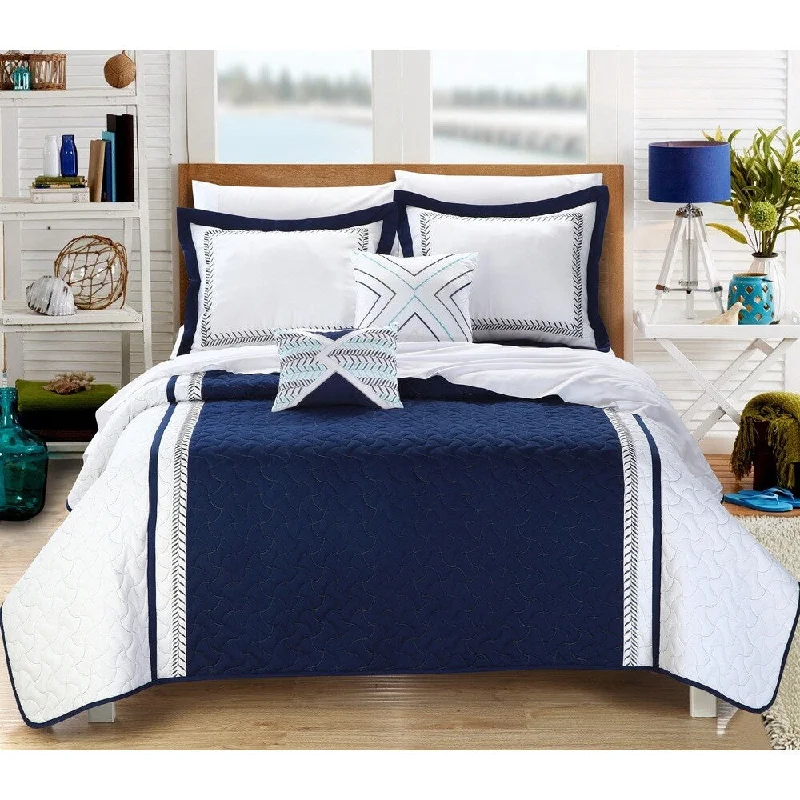 Chic Home Paulo Embroidered Navy 5-Piece Queen-size Quilt Set