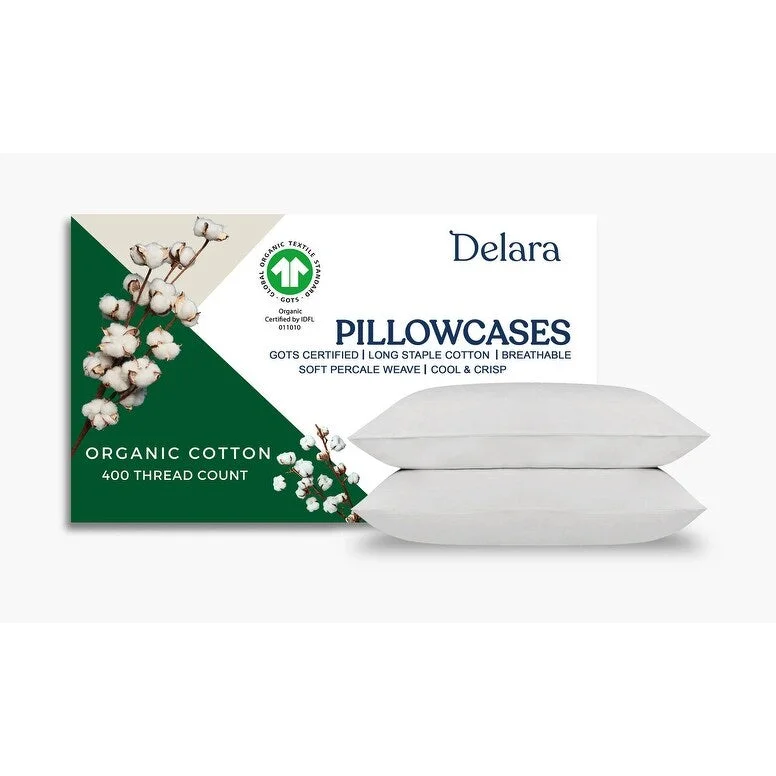 Delara 100% Organic Cotton Percale Pillowcase Pack of 2, GOTS Certified, 400 Thread Count