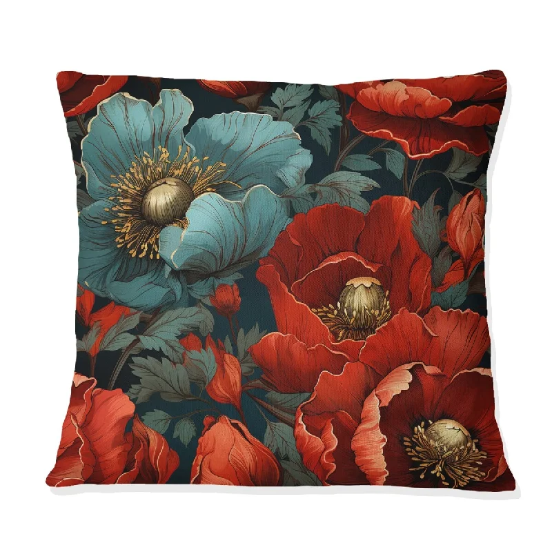 Designart "Blue And Red Poppy Flowers Pattern" Floral Printed Throw Pillow