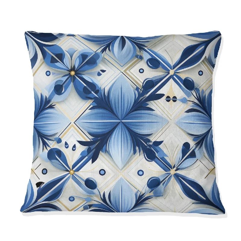 Designart "Blue And White Lattices Floral Tiles I" Geometric Printed Throw Pillow