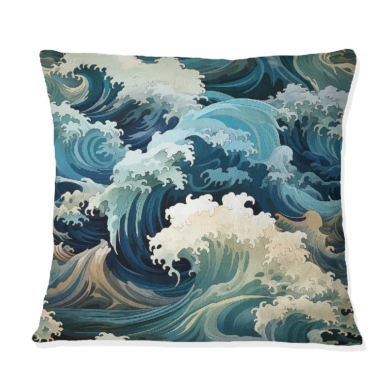 Designart "Hokusai Japan Waves Pattern" Coastal Printed Throw Pillow