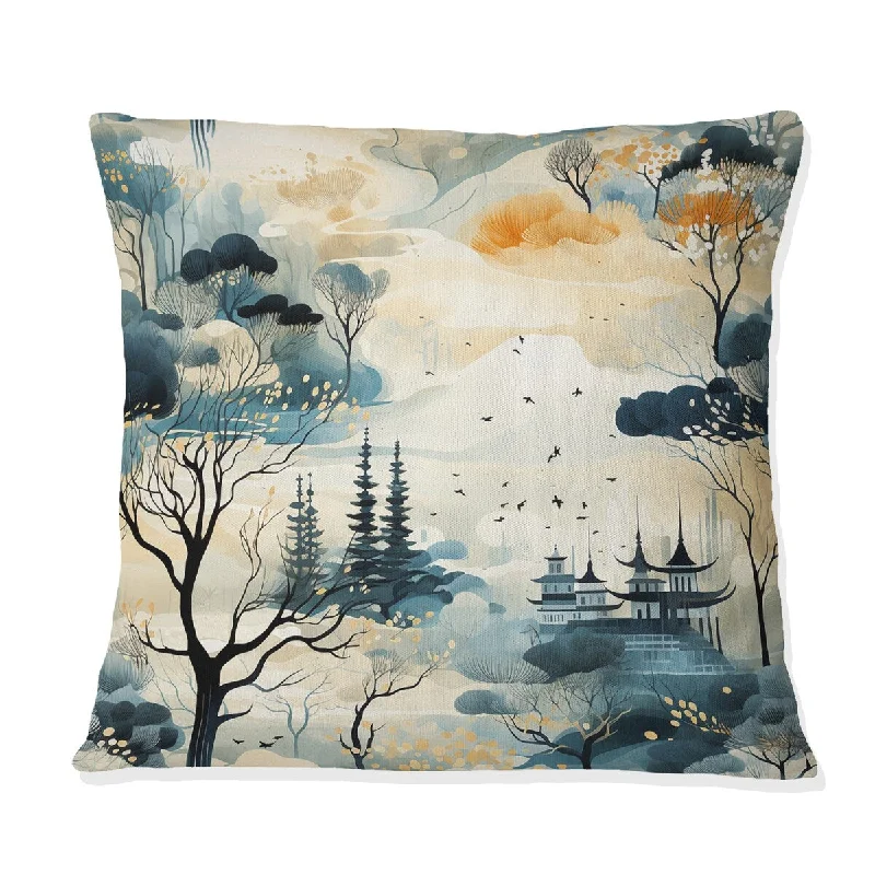 Designart "Winter Landscape Retreat Japan" Ikat Printed Throw Pillow