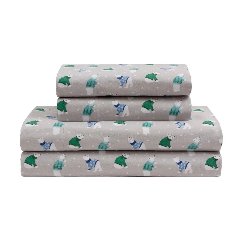 Elite Home Products Holiday Bears Lt. Grey Cotton Flannel Sheet Set