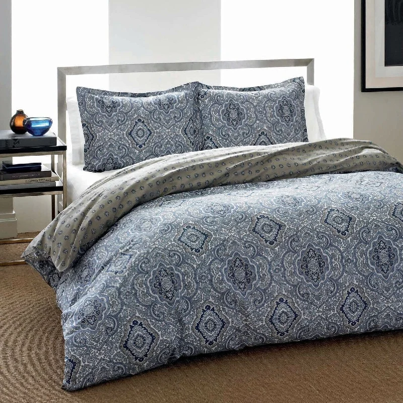 Modern Blue Grey Damask Cotton Comforter Set - 2/3-Piece Ensemble