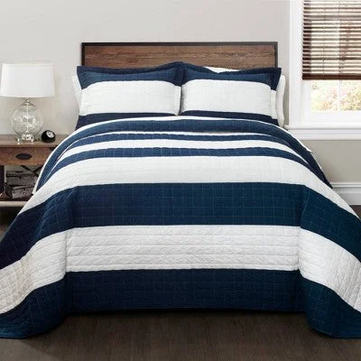 New - Twin 2pc New Berlin Stripe Quilt & Sham Set Navy - Lush Décor