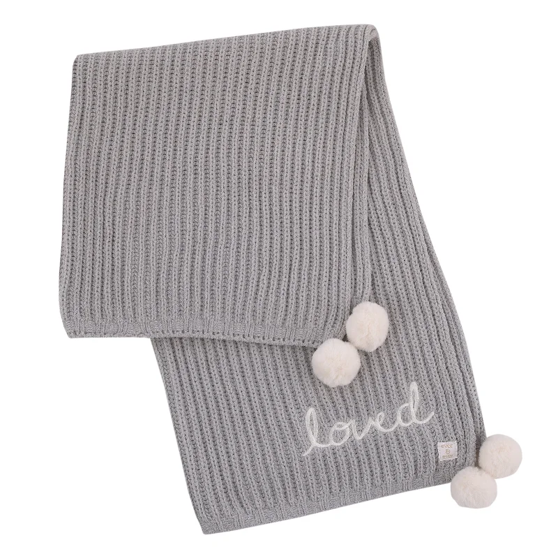 NoJo Loved Gray Chenille Super Soft Pom Pom Baby Blanket with Embroidery