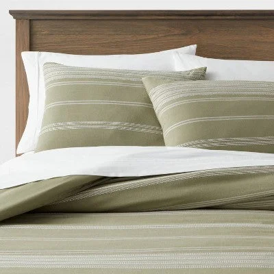 Open Box King Cotton Stripe Duvet Cover & Sham Set Green/White - Threshold