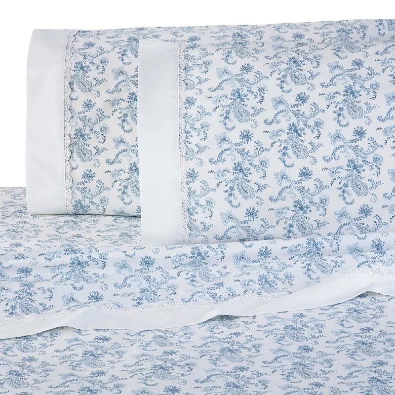 Porch & Den Carmina Blue Flower Print Lace Edge Sheet Set