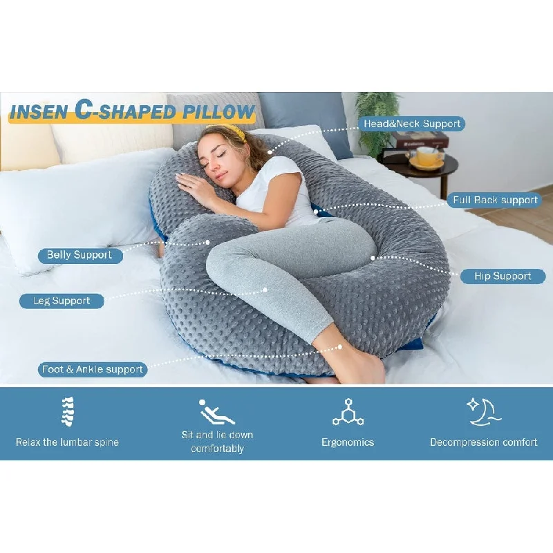 Pregnancy Pillow,Maternity Body Pillow with Velvet Cover,C Shaped Body Pillow for Sleeping (Grey Dot Velvet)