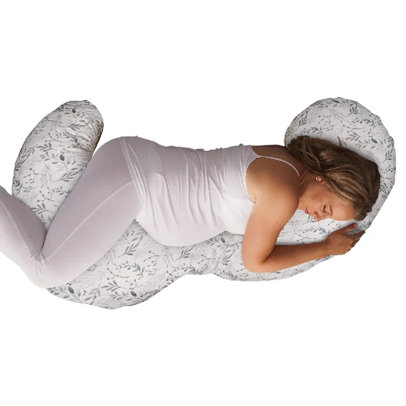 Total Body Pregnancy Pillow with Easy-on Removable Pillow Cover in Grey Scattered Leaves for Full-body Support