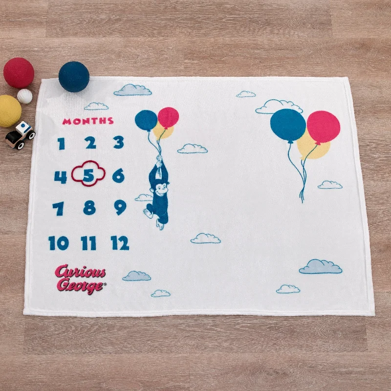 Welcome to the Universe Baby Curious George White, Blue, Red, and Yellow Balloons and Clouds Super Soft Milestone Baby Blanket