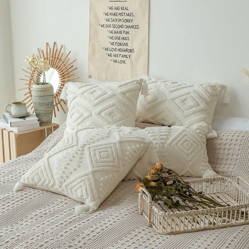 Wholelinens Boho Cotton Tufted Embroidered Throw Pillow Cover