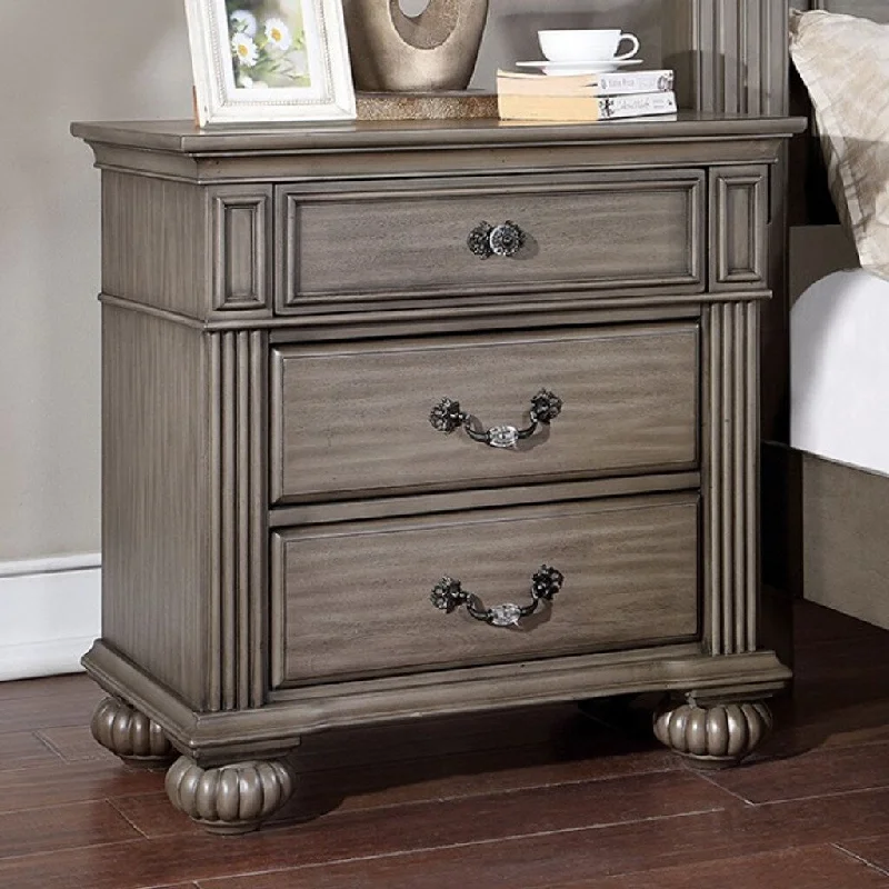 1pc Nightstand Only Traditional Gray Solid wood 3-Drawers Ball Bearing Metal Glides Antique Brass Handles