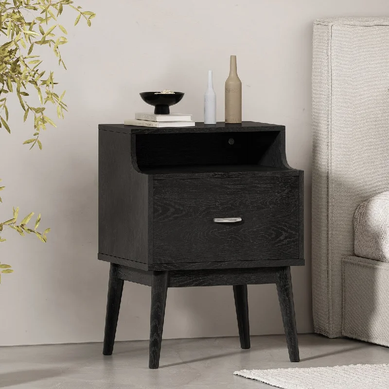 Black Faux Wood Nightstand with Sizable Drawer and Simple Silver Pull Handle