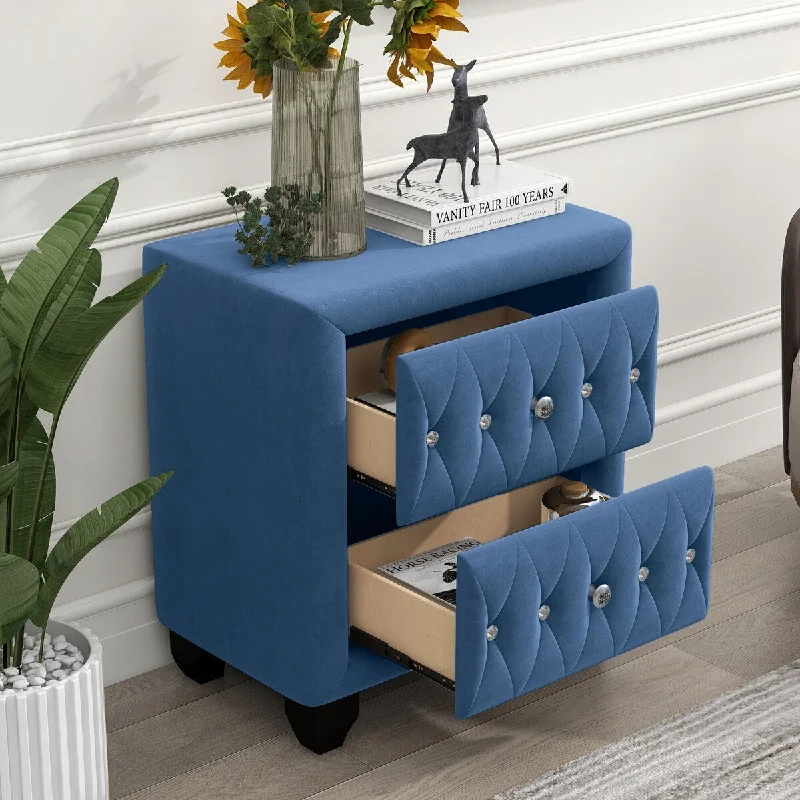 Blue 2-drawer Velvet Upholstery Nightstand