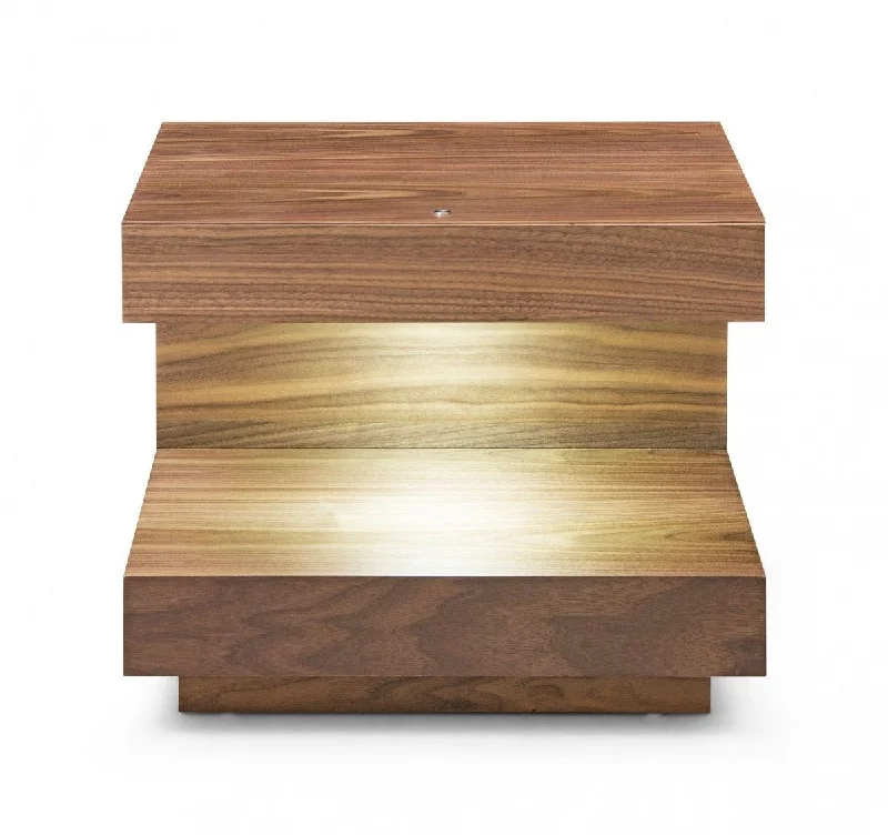 Contemporary Led Lit Walnut Nightstand With One Drawer - Light Brown