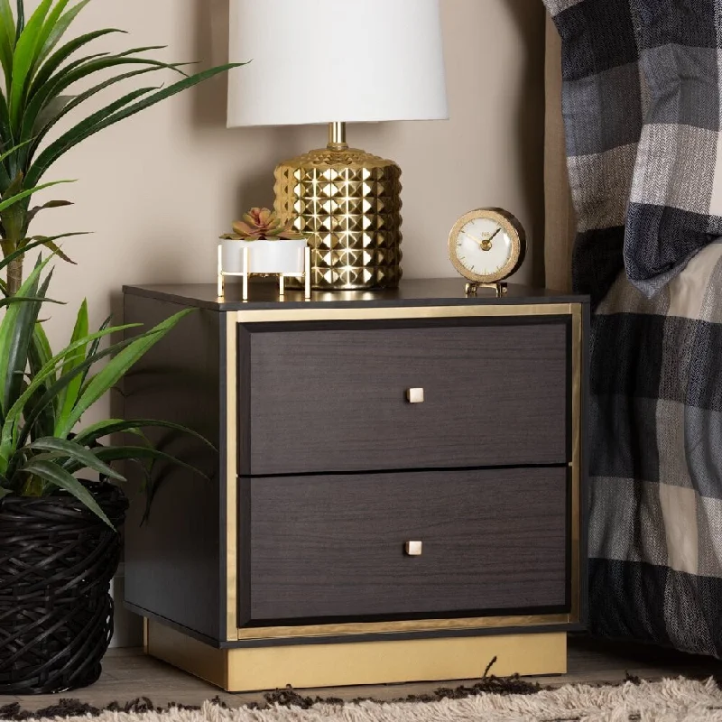 Cormac Mid-Century Modern Transitional Dark Brown Finished Wood and Gold Metal 2-Drawer Nightstand