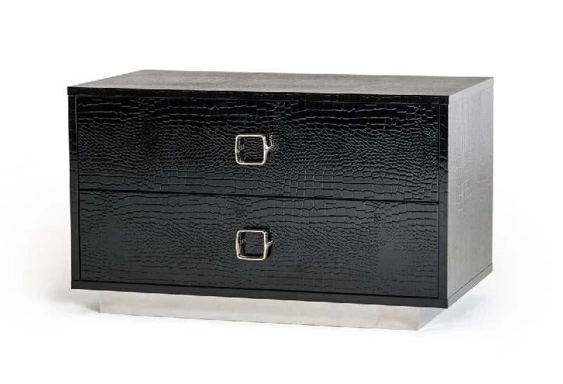 Croc Lacquer Faux Crocodile 2 Drawer Nightstand - Black