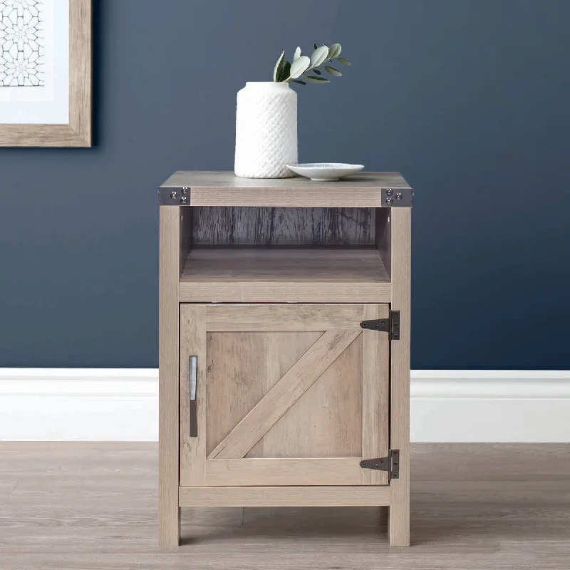 Farmhouse Nightstand Rustic Oak End Side Table Cabinet Open Shelf