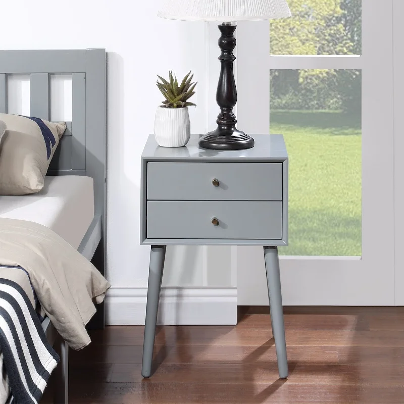 Gray Wood Nightstand with 2 Drawers and Tapered Solid Wood Legs