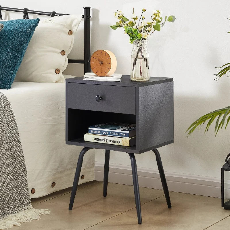 Javlergo Mid-Century Nightstand with 1-Drawer and Open Storage Shelf