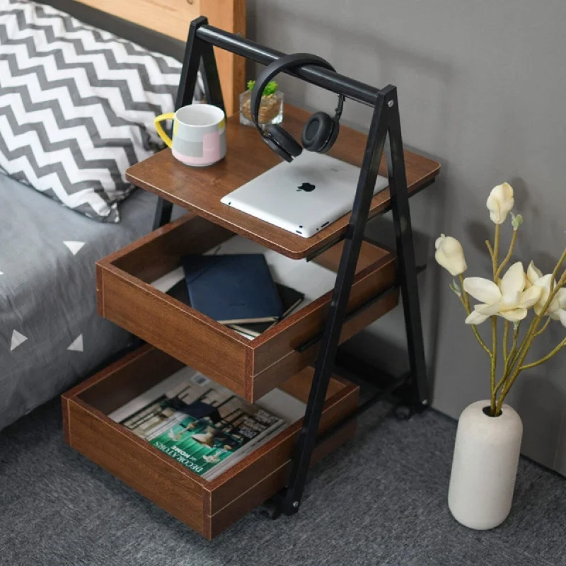 LiFuJunDong 3 Tier 2 Drawers Classic Pushed Pulled in Available Nightstand, Unique Movable Beside Table