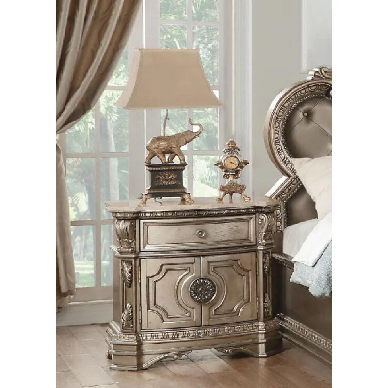 Marble Top Nightstand with 1 Drawer & 2 Wooden Doors (Antique Silver)