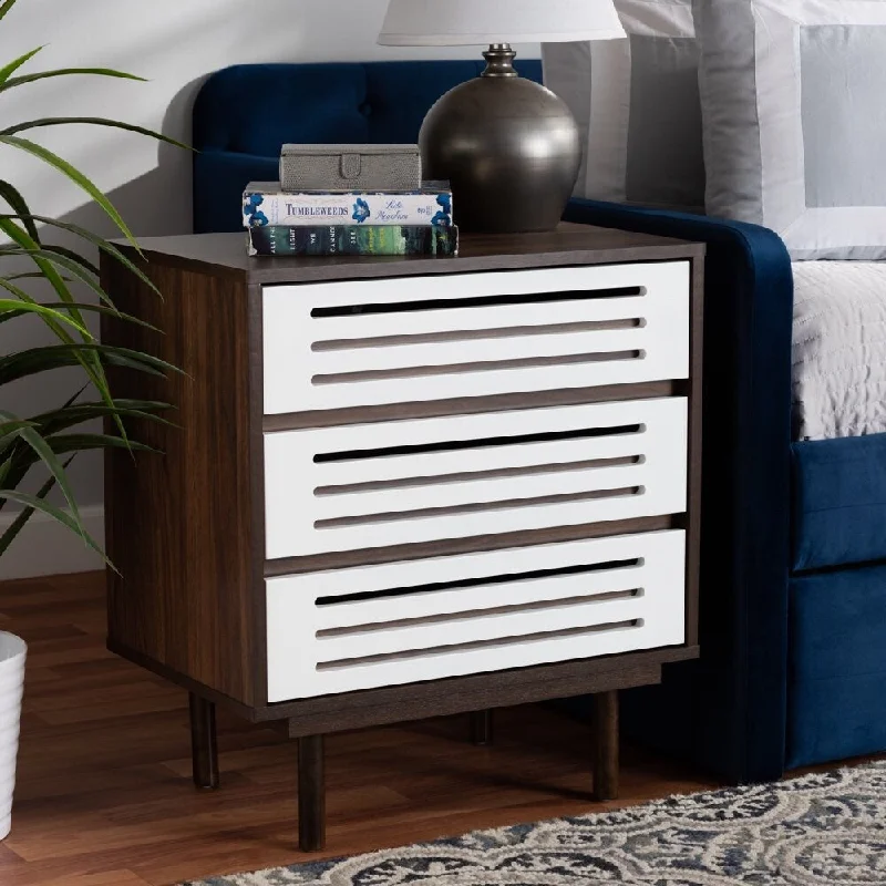 Meike Mid-Century Modern Two-Tone Walnut Brown and White Finished Wood 3-Drawer Nightstand