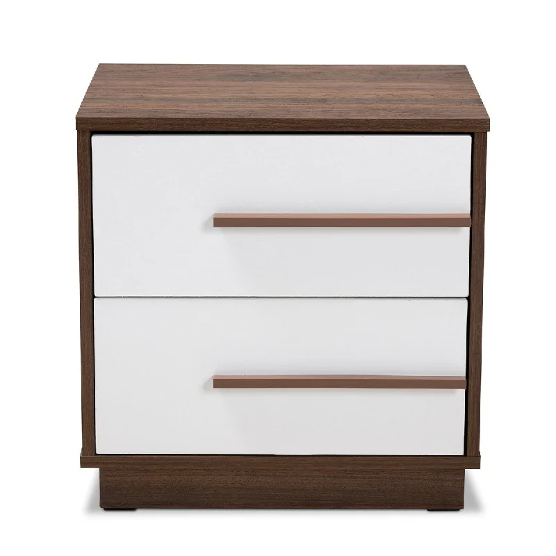 Mette Mid-Century Modern Two-Tone White and Walnut Finished 2-Drawer Wood Nightstand