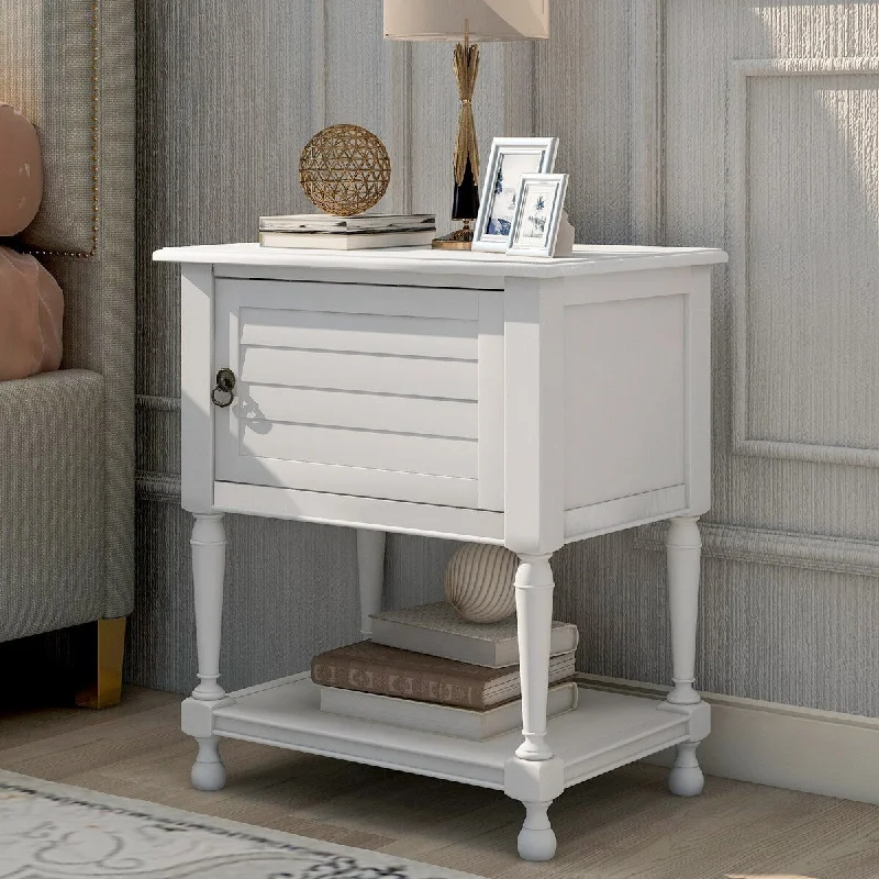 Modern Pine Versatile Nightstand with Two Built-in Shelves Cabinet and an Open Storage,USB Charging Design,White