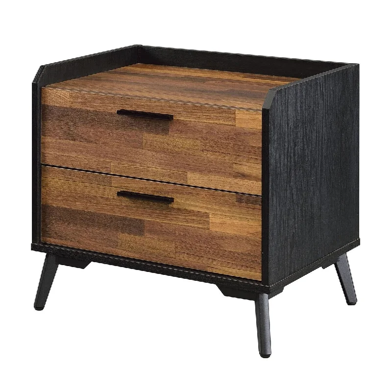 Nightstand in Walnut and Black with Metal Sled Base and Dual Drawers