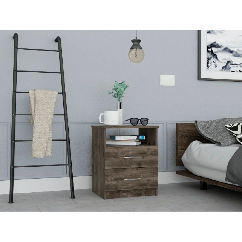 Nightstand, Superior Top, Two Drawers, One Shelf -Dark Brown