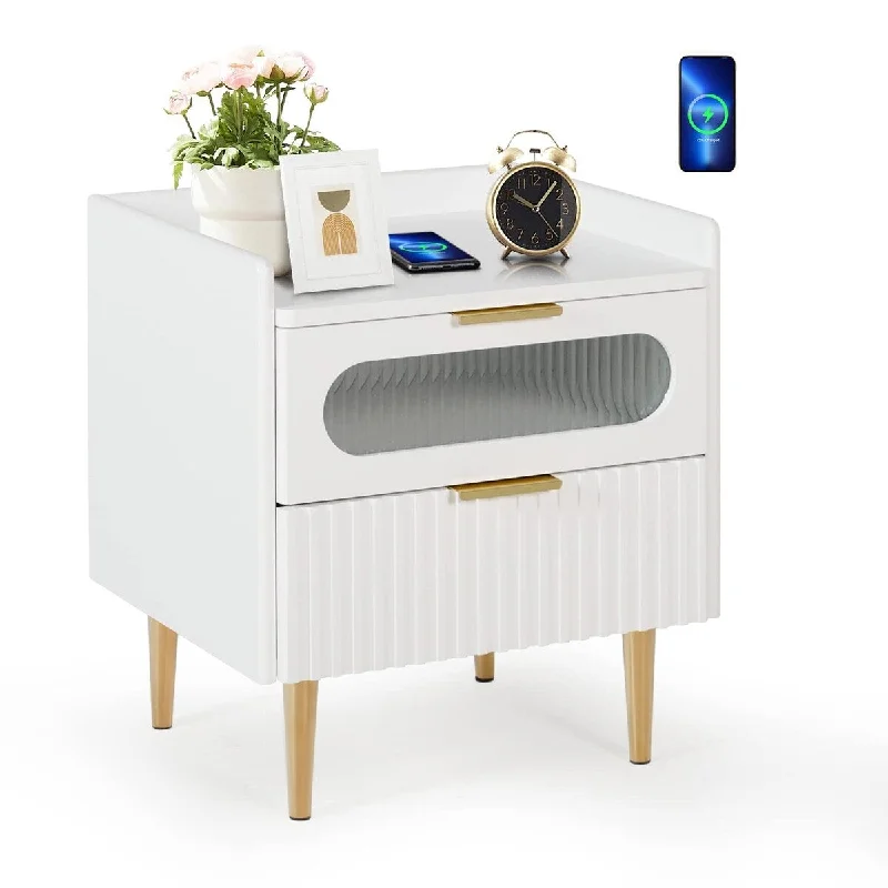 Nightstand with Wireless Charging Function Modern Night Stands with Tempered Glass Drawer Wooden Nightstands