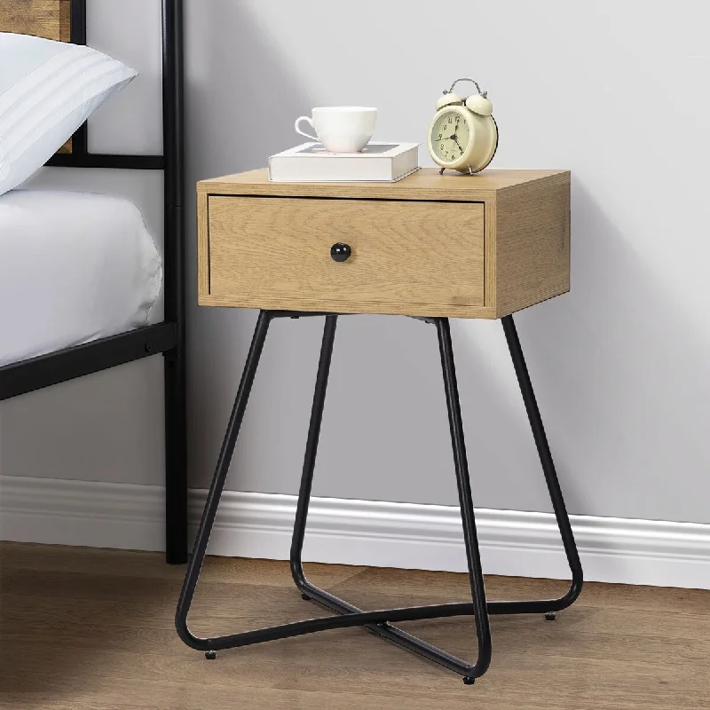 Oak P2 MDF Modern Night Stand with Drawer, Cross Legs, Small Space Storage, Set of 2