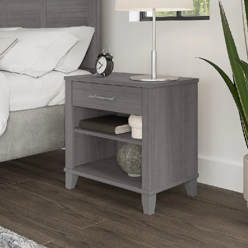 Somerset Nightstand with Drawer and Shelves in Platinum Gray