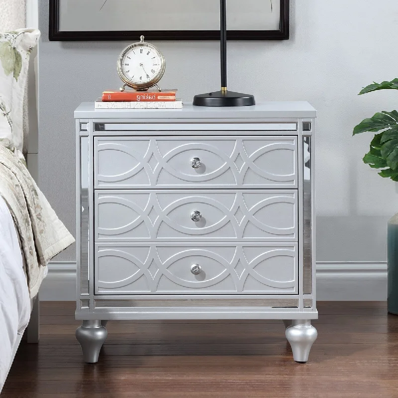 Sophisticated Silver Mirrored Nightstand with Crystal Pulls, Hidden Drawer, and Sturdy Wood Legs