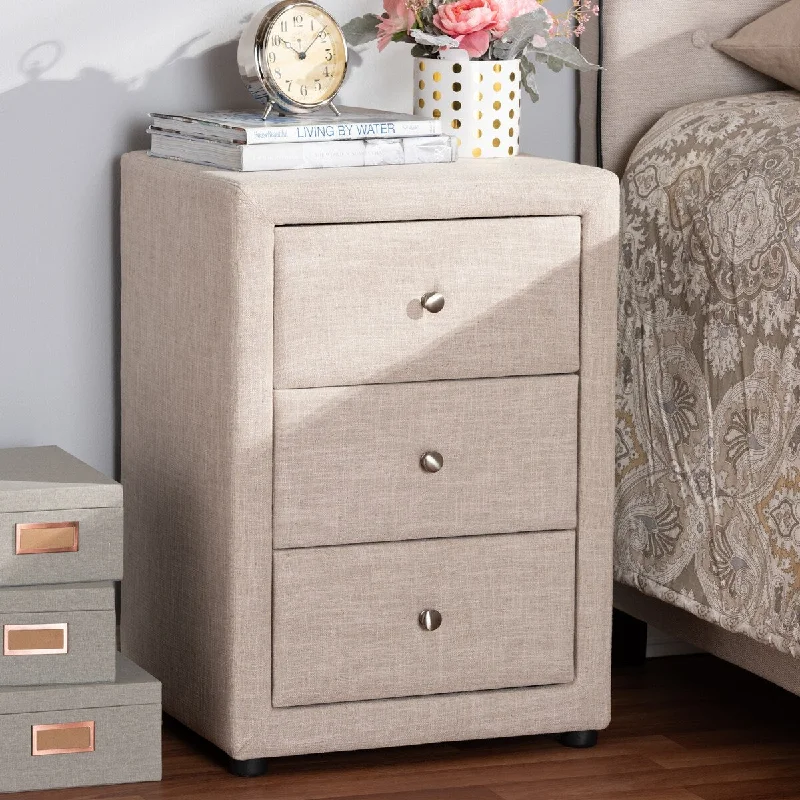 Tessa Modern and Contemporary Beige Fabric Upholstered 3-Drawer Nightstand